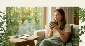 Eine entspannte Frau sitzt mit einer warmen Tasse Tee auf dem Sofa, neben ihr liegt ein geöffnetes Journal – Achtsamkeit im Alltag für mehr Gelassenheit