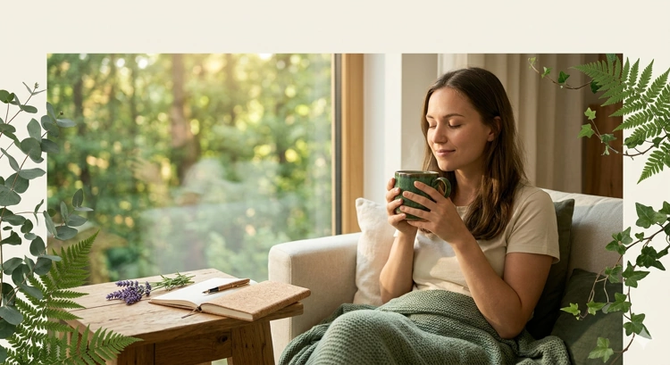 Eine entspannte Frau sitzt mit einer warmen Tasse Tee auf dem Sofa, neben ihr liegt ein geöffnetes Journal – Achtsamkeit im Alltag für mehr Gelassenheit
