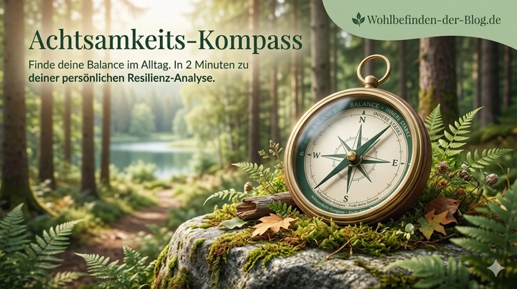 Ein klassischer Kompass im waldgrünen Design liegt auf einem moosbedeckten Stein in einem lichtdurchfluteten Wald – Achtsamkeits-Kompass für Wohlbefinden-der-Blog.de.