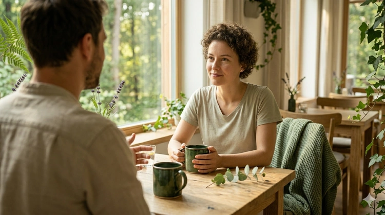 Zwei Menschen sitzen gemütlich bei einer Tasse Tee zusammen, halten Blickkontakt und führen ein tiefgründiges, zugewandtes Gespräch