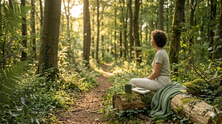 Eine Frau sitzt friedlich auf einem bemoosten Baumstamm inmitten eines lichtdurchfluteten Waldes und genießt die Ruhe der Natur
