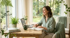 Ein heller, ergonomischer Arbeitsplatz im Homeoffice mit Holzschreibtisch, einer grünen Pflanze, einer Tasse Tee und einem geöffneten Notizbuch