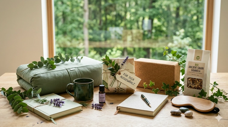 Ästhetische Zusammenstellung ausgewählter Wohlbefinden-Produkte auf einem Holztisch vor einem Waldhintergrund – Wohlbefinden-der-Blog.de