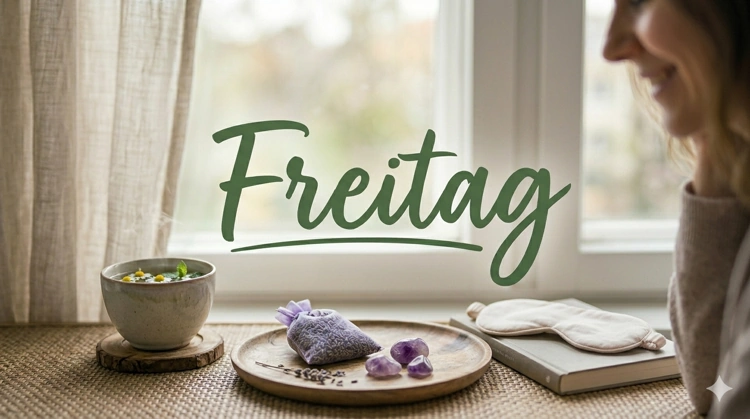 Eine dampfende Tasse Kamillentee am Fenster mit einem Lavendelsäckchen, Kristallen, einer Schlafmaske und dem Schriftzug Freitag