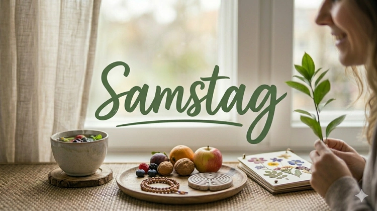 Eine Schale mit frischen Beeren am Fenster, ein Holzteller mit Obst, Nüssen und einer Mala-Kette sowie der Schriftzug Samstag