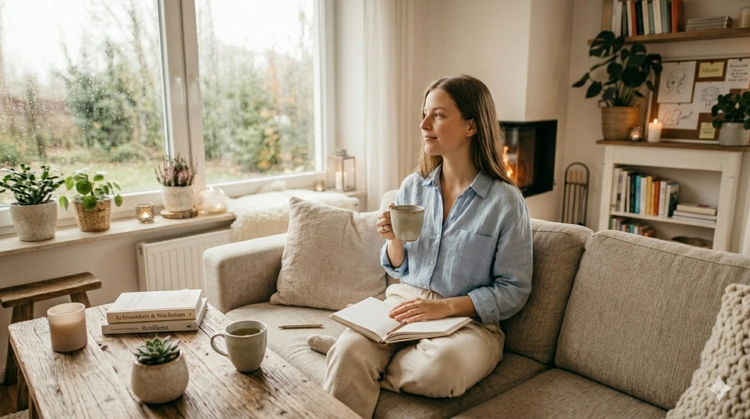 Eine junge Frau sitzt entspannt mit einer Tasse Tee auf dem Sofa und reflektiert mit einem Journal im Schoß über geistiges Wohlbefinden und persönliche Entwicklung.