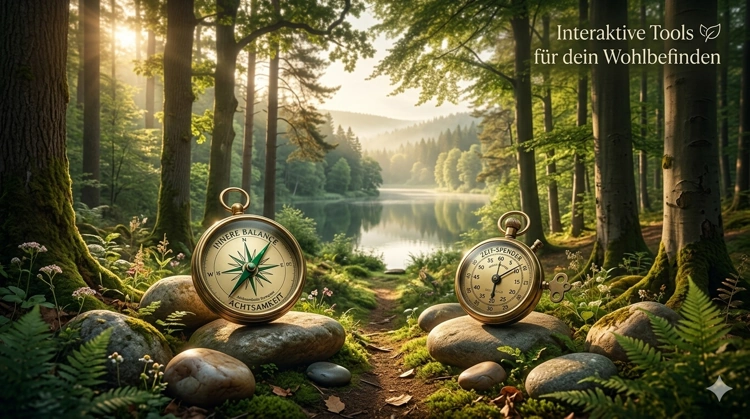 Ein waldgrüner Achtsamkeits-Kompass und eine goldene Zeit-Spender-Uhr liegen auf Moossteinen in einem sonnigen Wald vor einem See – Übersicht der interaktiven Tools von Wohlbefinden-der-Blog.de.