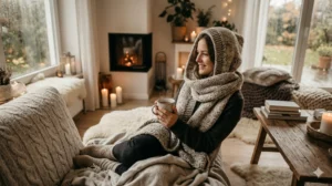 Eine gemütlich eingekuschelte Person mit einem dicken, weichen Strickschal, die eine warme Tasse Tee in den Händen hält, bei sanftem, gemütlichem Licht.