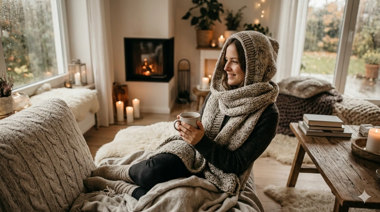 Eine gemütlich eingekuschelte Person mit einem dicken, weichen Strickschal, die eine warme Tasse Tee in den Händen hält, bei sanftem, gemütlichem Licht.