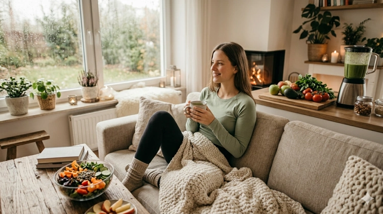 Eine junge Frau sitzt entspannt mit einer Tasse Tee auf dem Sofa, vor ihr steht eine frische Salatschüssel für körperliches Wohlbefinden und gesunde Ernährung.