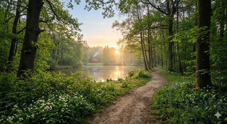 Ein einladender, sonniger Waldweg an einem See bei Sonnenaufgang – Kontaktseite für Wohlbefinden-der-Blog.de