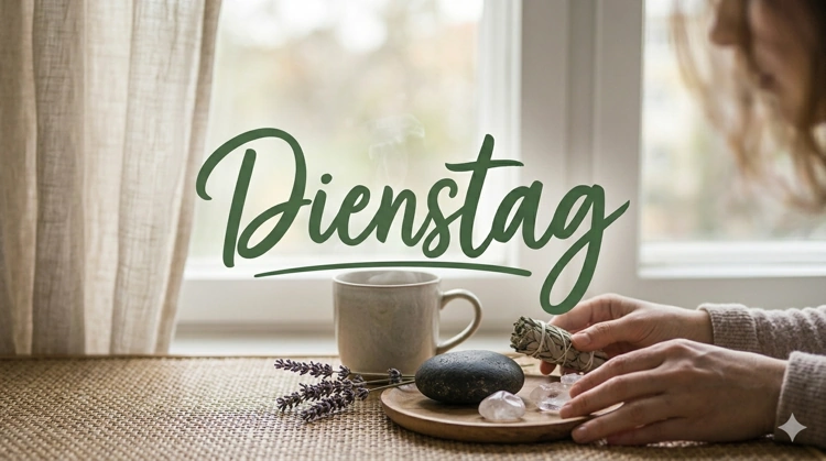 Eine Tasse Tee am Fenster mit Lavendel, einem Massagestein und dem Schriftzug Dienstag