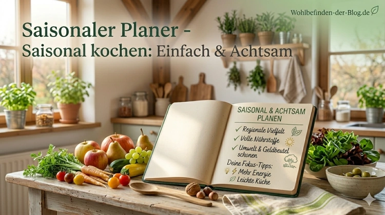 Ein geöffnetes Kochbuch mit Tipps für saisonale Ernährung liegt neben bunten Tomaten, Karotten, Äpfeln und Nüssen auf einem Küchentisch – Saisonaler Planer für Wohlbefinden-der-Blog.de.