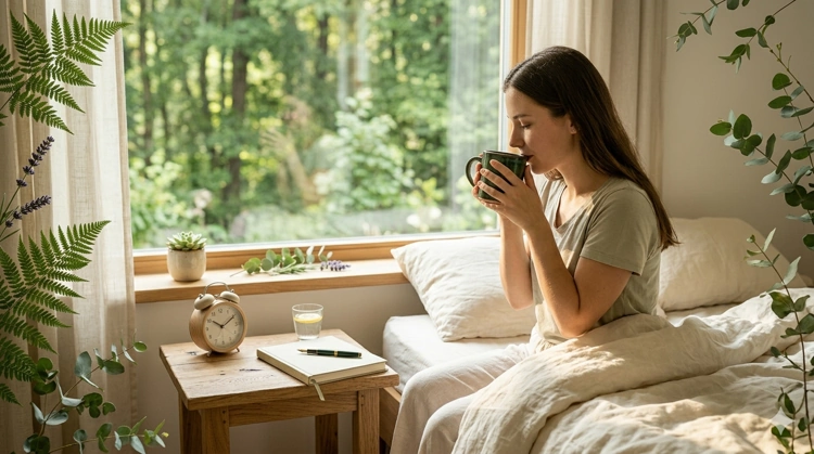 Ein helles, gemütliches Schlafzimmer am Morgen, warmes Sonnenlicht fällt auf das Bett und eine hölzerne Kommode mit einer Tasse Wasser