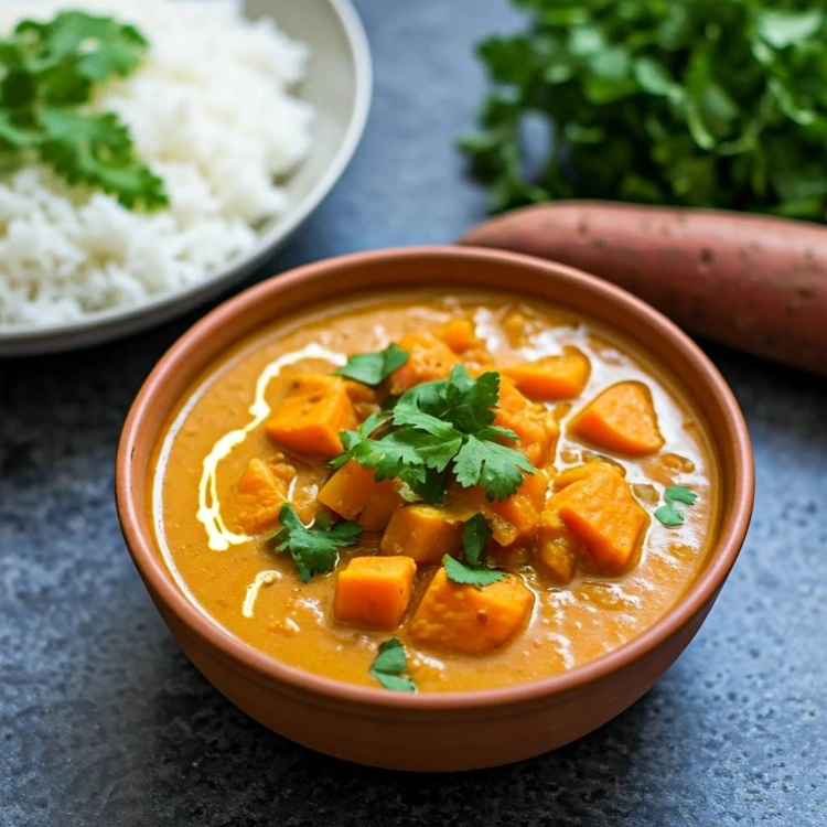 Eine dampfende, cremige Schale Süßkartoffel-Curry mit Kokosmilch, frischem Koriander und Gewürzen auf einem rustikalen Holztisch.