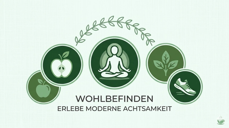 Grafische Übersicht der Themenwelten des Wohlbefinden-Blogs mit Icons für Achtsamkeit, gesunde Ernährung und Natur in grünen Farbtönen.