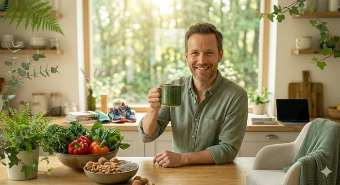 Ein sympathischer Mann im salbeigrünen Hemd lächelt in einer hellen Küche, hält eine Kaffeetasse und ist umgeben von frischem Gemüse, Nüssen und Sportkleidung