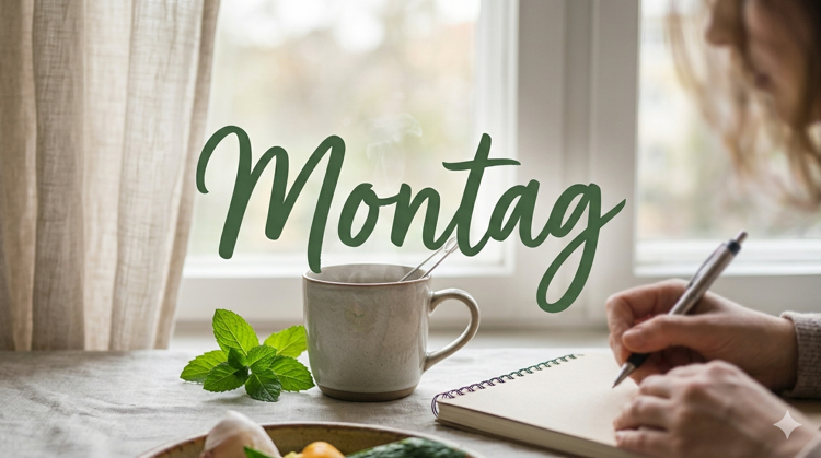 Eine dampfende Tasse Tee am Fenster mit Notizbuch und dem Schriftzug Montag