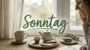 Eine Teekanne und Tasse auf einem Holztablett am Fenster, daneben ein Notizbuch mit Füller, Lavendel und der Schriftzug Sonntag