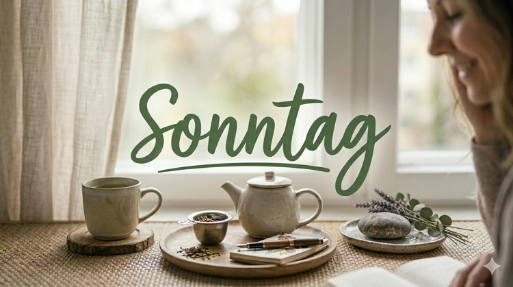 Eine Teekanne und Tasse auf einem Holztablett am Fenster, daneben ein Notizbuch mit Füller, Lavendel und der Schriftzug Sonntag