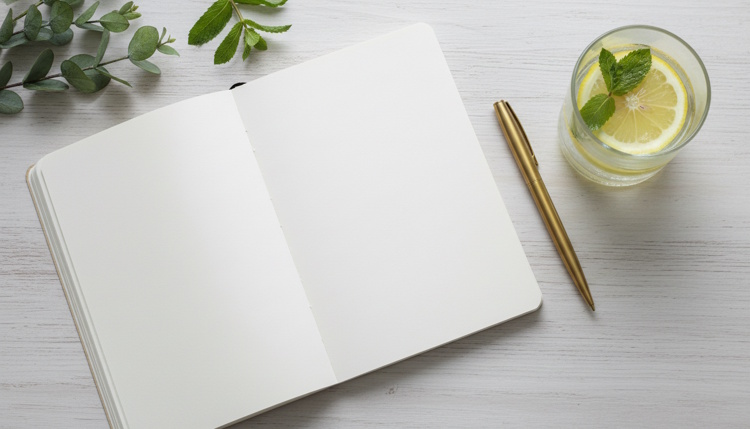 Offenes, sauberes Notizbuch auf einem hellen Holztisch mit einem eleganten goldfarbenen Stift daneben, einer Glas Tasse mit Zitronenwasser und Minzblatt, sowie einem dezenten grünen Blatt (Eukalyptus oder Minze) im Hintergrund für einen natürlichen Wohlfühl-Vibe.