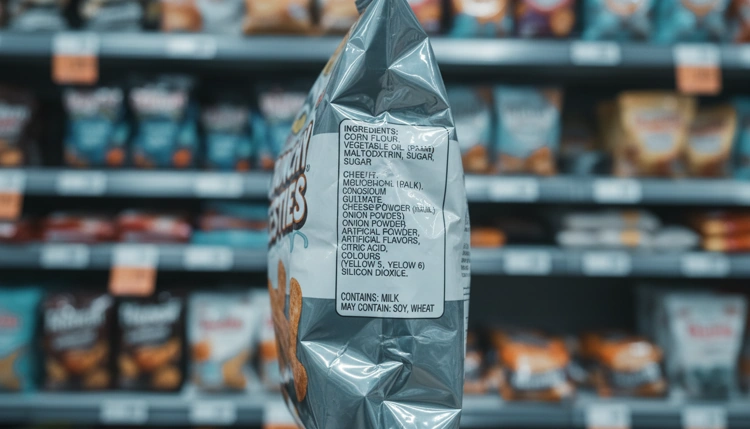 Industriell verarbeitetes Lebensmittel mit Fokus auf die Zutatenliste als Beispiel für ungesunde Ernährung.