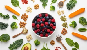 Auswahl an gesunden Lebensmitteln wie Beeren und Nüssen für eine vitalstoffreiche Ernährung.
