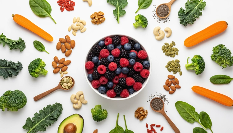 Auswahl an gesunden Lebensmitteln wie Beeren und Nüssen für eine vitalstoffreiche Ernährung.