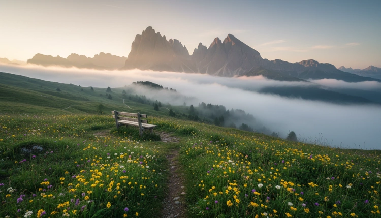 Ein schmaler Wanderpfad führt durch grüne Bergwiesen mit Blick auf neblige, majestätische Alpengipfel.