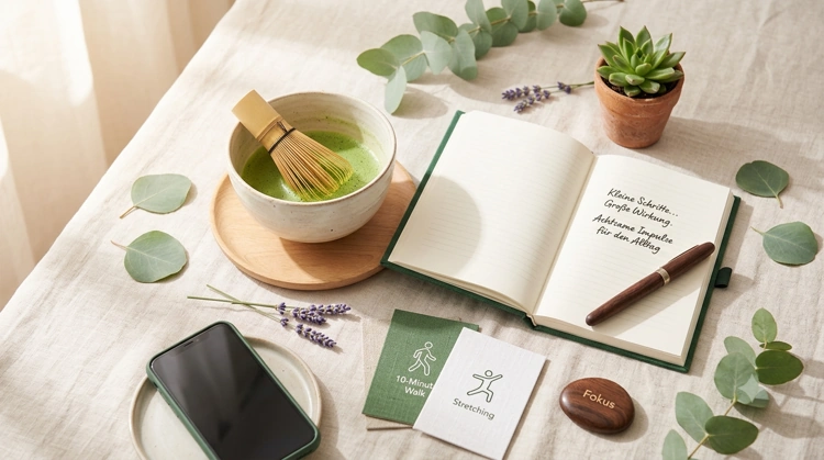 Achtsamer Arbeitsplatz mit offenem Journal, Matcha-Tee und Bewegungskarten als Impuls gegen Bewegungsmangel und Übergewicht im Alltag.