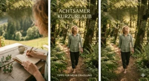 Eine Person läuft barfuß und entspannt durch einen sonnendurchfluteten Wald, symbolisch für einen achtsamen Kurzurlaub.