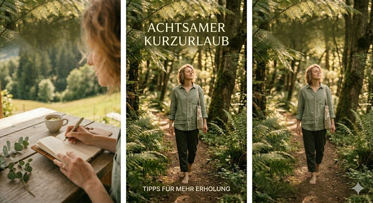 Eine Person läuft barfuß und entspannt durch einen sonnendurchfluteten Wald, symbolisch für einen achtsamen Kurzurlaub.
