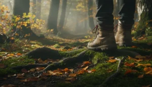 Nahaufnahme von Wanderschuhen auf einem moosigen Pfad voller bunter Herbstblätter in einem nebligen Wald.