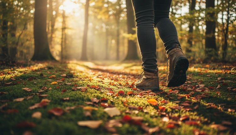 Achtsames Wandern auf einem von der Sonne durchfluteten Waldweg, Nahaufnahme der Füße im 45-Grad-Winkel.