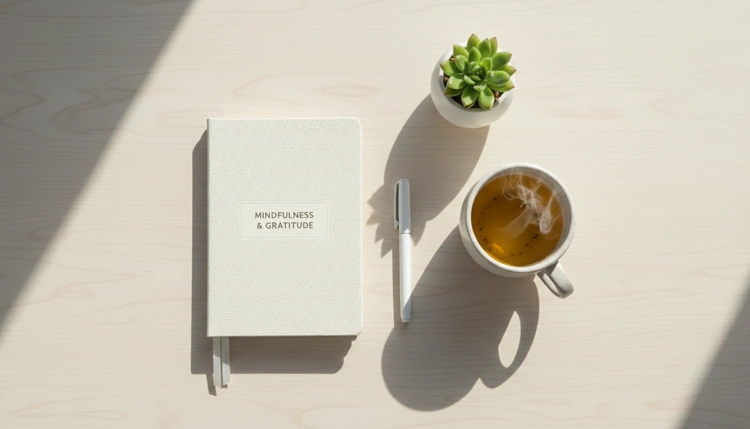 Vogelperspektive auf einen minimalistischen Schreibtisch mit einer ausgedruckten Journal-Vorlage, einem Stift und einer Teetasse.
