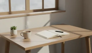 Minimalistischer, aufgeräumter Schreibtisch mit Notizbuch und einer Tasse Tee bei Tageslicht.