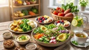 Ein reich gedeckter Holzstisch mit frischen, bunten basischen Lebensmitteln wie einem großen Avocado-Salat, Ofenkartoffeln mit Brokkoli, Nüssen, frischem Obst und Zitronenwasser zum Basenfasten ohne Hungern.