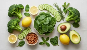 Frisches, knackiges grünes Gemüse wie Brokkoli, Avocados, Gurken und aufgeschnittene Zitronen liegen ästhetisch arrangiert auf einer hellen Arbeitsfläche.