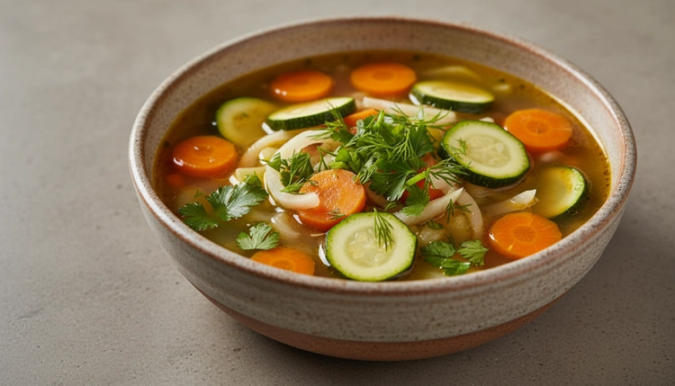 Nahaufnahme einer Schale basischer Gemüsesuppe im 45-Grad-Winkel, mit sichtbaren Stücken von Karotten, Fenchel und Zucchini.