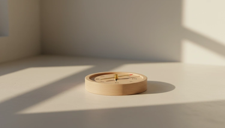 Ein schlichter Kompass aus Holz als Symbol für Orientierung und Selbsterkenntnis.
