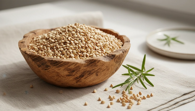 Rohe Buchweizenkörner in einer Schale als Symbol für gesunde, glutenfreie und darmfreundliche Ernährung.