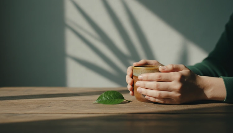 Zwei Hände halten eine warme Teetasse auf einem Holztisch, umrahmt von sanftem Licht und einem grünen Blatt.