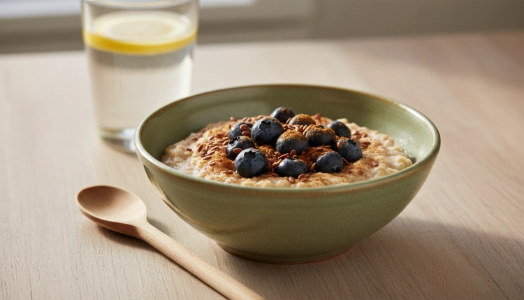 Eine frisch zubereitete, warme Haferflocken-Bowl mit Blaubeeren und Leinsamen auf einem hellen Holztisch.