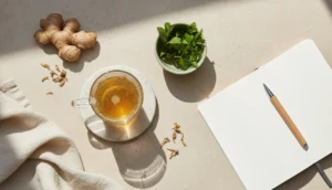 Ein minimalistischer Arbeitsplatz mit einer Tasse Kombucha, frischen Kräutern und einem Notizbuch für mehr Fokus und innere Gesundheit.