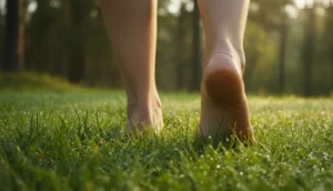 Eine barfüßige Person steht auf einer feuchten, grünen Sommerwiese und macht Achtsamkeitsübungen zur Erdung.