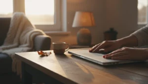 Laptop wird geschlossen, um den Feierabend im Homeoffice einzuläuten.