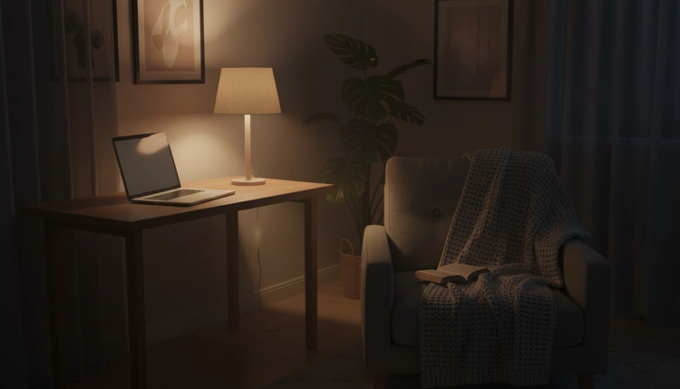Ein geschlossener Laptop auf einem Schreibtisch am Abend, symbolisiert den Feierabend und eine Routine für mentale Entspannung.