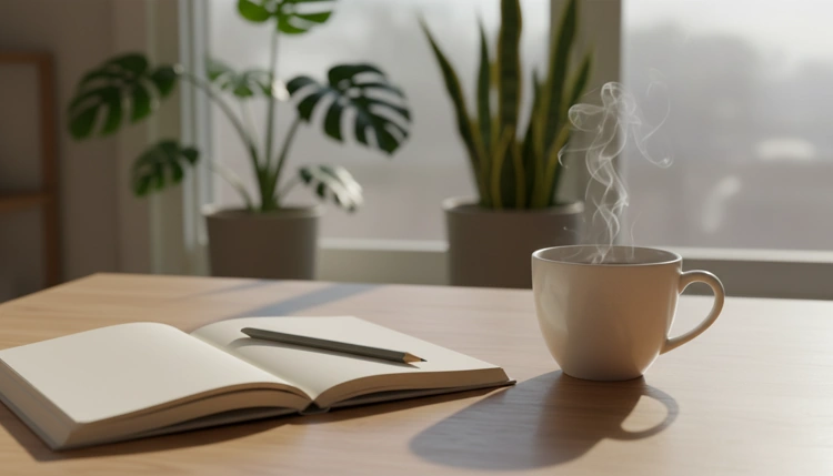 Eine dampfende Tasse Tee steht neben einem aufgeschlagenen, leeren Notizbuch mit einem Bleistift darauf auf einem hellen Holztisch. Im Hintergrund sind unscharf grüne Zimmerpflanzen vor einem Fenster zu sehen.