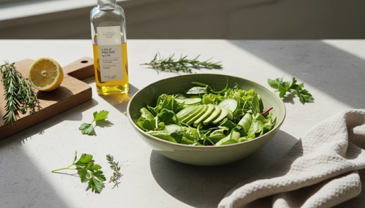 Frische, gesunde Zutaten wie Kräuter, Avocado und Zitrone auf einer hellen Arbeitsfläche für darmfreundliche Rezepte.