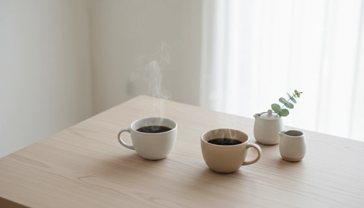 Zwei Kaffeetassen auf einem Holztisch, Symbol für ein klärendes Gespräch.